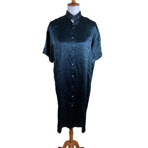 Priory Blue Button Front Shirt Dress Minimalist Short Sleeve S M